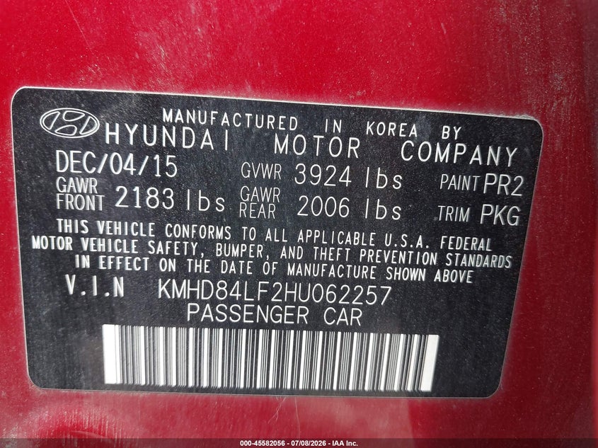 2017 Hyundai Elantra VIN KMHD84LF2HU062257 IAAI salvage auction — NORMAL WEAR, Clear (Illinois), sold $1,775 on 2026-07-15 (photo 9)