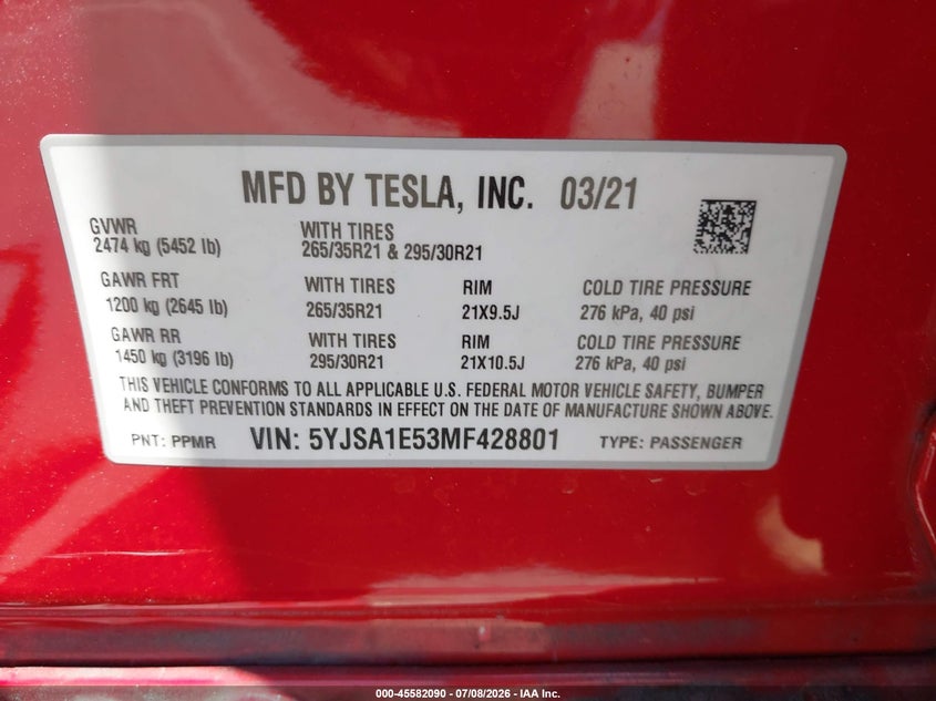 2021 Tesla Model s VIN 5YJSA1E53MF428801 IAAI salvage auction — REAR END, Clear (Florida), sold $18,050 on 2026-07-30 (photo 9)