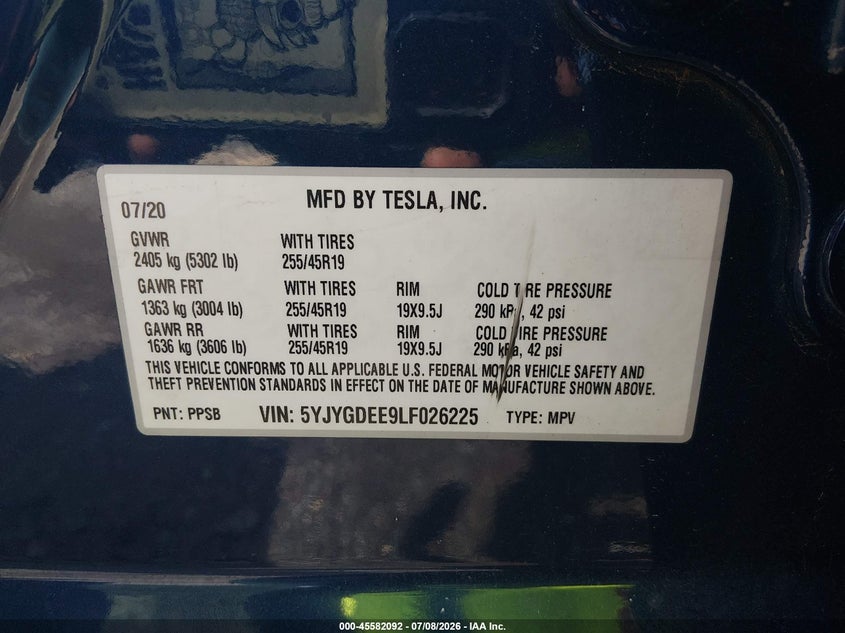 2020 Tesla Model y VIN 5YJYGDEE9LF026225 IAAI salvage auction — FRONT & REAR, Clear (Virginia), sold $3,850 on 2026-07-15 (photo 9)