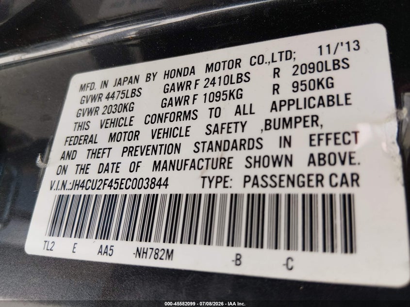 2014 Acura Tsx VIN JH4CU2F45EC003844 IAAI salvage auction — NORMAL WEAR, Wait Title, sold $2,700 on 2026-09-15 (photo 9)