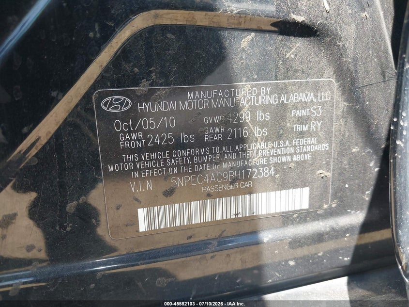 2011 Hyundai Sonata VIN 5NPEC4AC9BH172384 IAAI salvage auction — REAR END, Salvage (California), sold $1,300 on 2026-07-22 (photo 9)