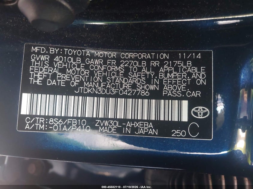 2015 Toyota Prius VIN JTDKN3DU3F0427786 IAAI salvage auction — RIGHT SIDE, Salvage (Idaho), sold $25 on 2026-07-29 (photo 9)