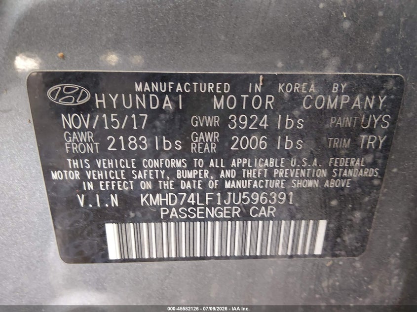 2018 Hyundai Elantra VIN KMHD74LF1JU596391 IAAI salvage auction — NORMAL WEAR, Clear (Louisiana), sold $1,300 on 2026-07-29 (photo 9)