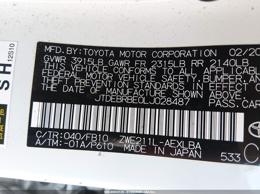 2020 Toyota Corolla VIN JTDEBRBE0LJ028487 IAAI salvage auction — SIDE, Salvage (North Carolina), sold $4,450 on 2026-07-26 (photo 9)