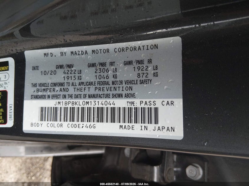 2021 Mazda 3 VIN JM1BPBKL0M1314044 IAAI salvage auction — REAR END, Salvage Title, sold $3,650 on 2026-07-19 (photo 9)