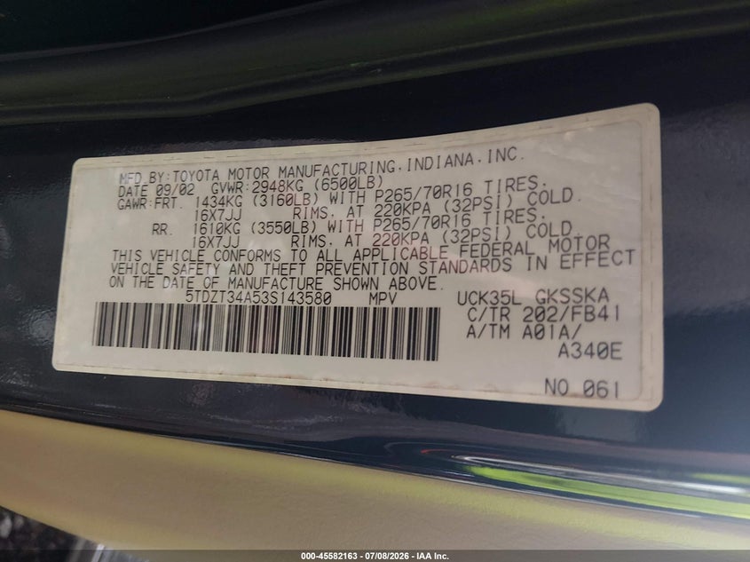2003 Toyota Sequoia VIN 5TDZT34A53S143580 IAAI salvage auction — NORMAL WEAR, Clear (Virginia), sold $1,650 on 2026-07-14 (photo 9)