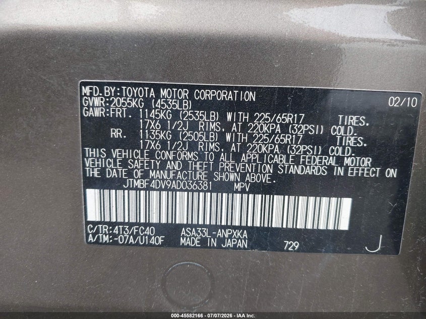 2010 Toyota Rav4 VIN JTMBF4DV9AD036381 IAAI salvage auction — NORMAL WEAR, Clear (Pennsylvania), sold $2,250 on 2026-07-15 (photo 9)