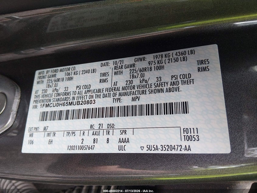 2021 Ford Escape VIN 1FMCU0H65MUB20803 IAAI salvage auction — REAR END, Salvage Title, sold $3,750 on 2026-07-31 (photo 9)