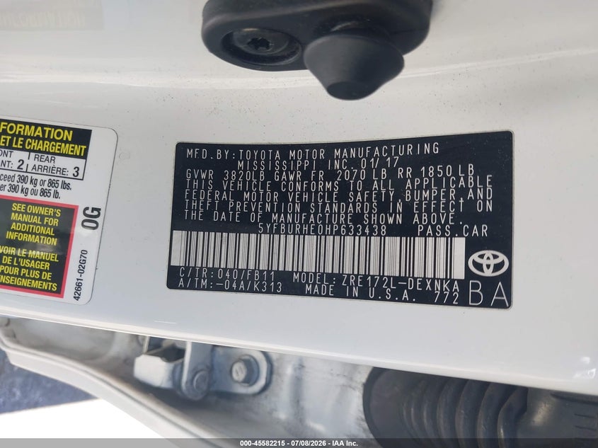 2017 Toyota Corolla VIN 5YFBURHE0HP633438 IAAI salvage auction — RIGHT SIDE, Salvage Title, sold $3,850 on 2026-07-28 (photo 9)