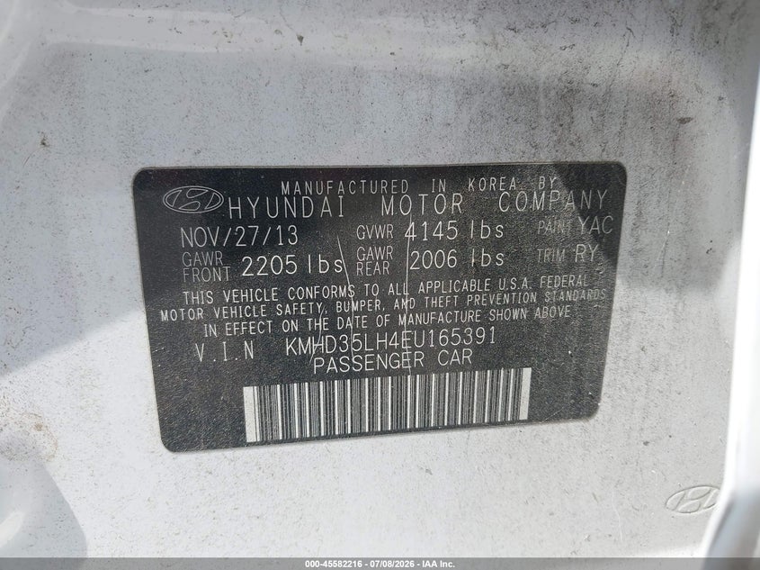 2014 Hyundai Elantra VIN KMHD35LH4EU165391 IAAI salvage auction — NORMAL WEAR, Clear (Florida), sold $600 on 2026-07-30 (photo 9)