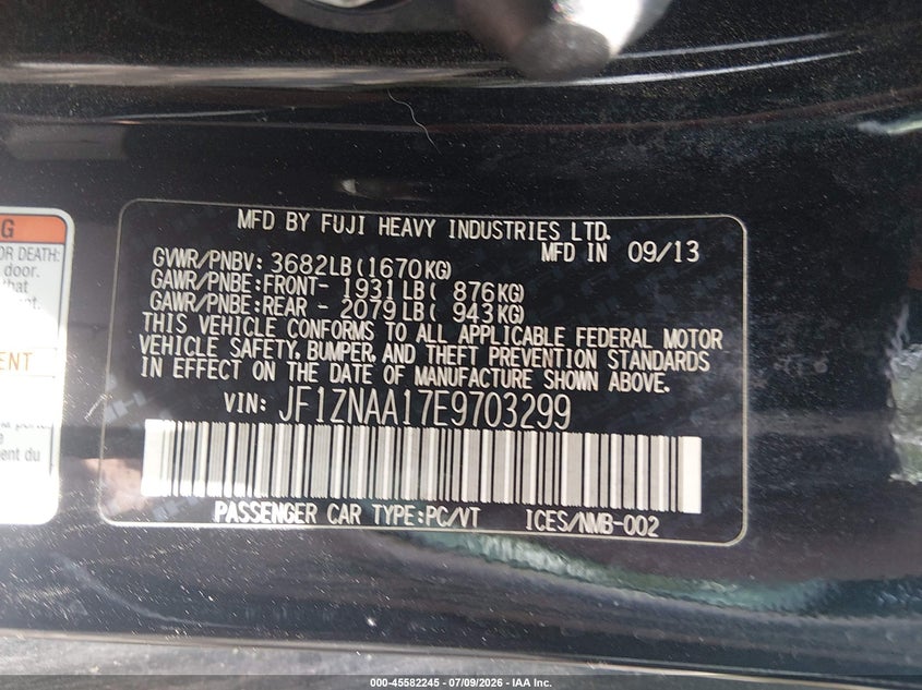 2014 Scion Fr-s VIN JF1ZNAA17E9703299 IAAI salvage auction — FRONT END, Clear (Virginia), sold $975 on 2026-07-28 (photo 9)