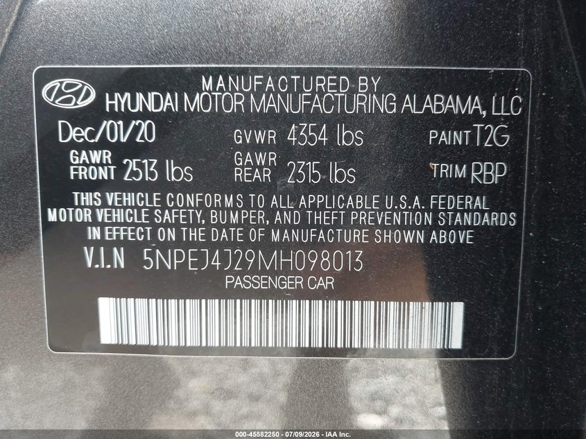 2021 Hyundai Sonata VIN 5NPEJ4J29MH098013 IAAI salvage auction — RIGHT FRONT, Salvage Title, sold $7,250 on 2026-08-19 (photo 9)