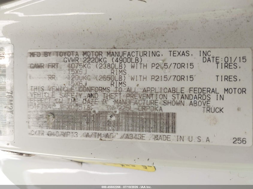 2015 Toyota Tacoma VIN 5TFTX4CN8FX055187 IAAI salvage auction — FRONT END, Rebuildable (Florida), sold $25 on 2026-07-30 (photo 9)