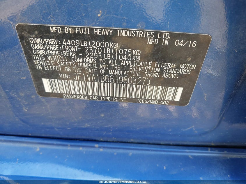 2017 Subaru Wrx VIN JF1VA1B66H9803273 IAAI salvage auction — ENGINE DAMAGE, Salvage Title, sold $325 on 2026-07-29 (photo 9)