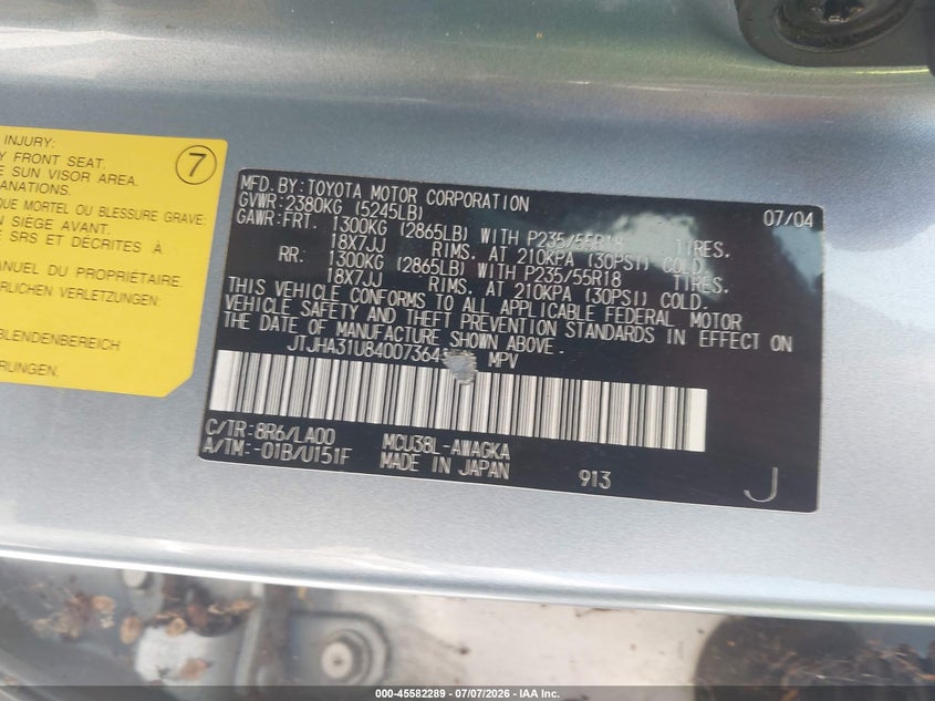 2004 Lexus Rx 330 VIN JTJHA31U840073641 IAAI salvage auction — NORMAL WEAR, Clear - Dealer Only (California), sold $975 on 2026-07-16 (photo 9)