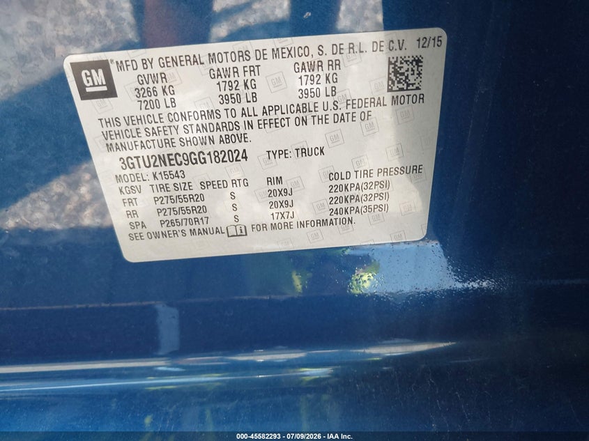 2016 Gmc SIERRA VIN 3GTU2NEC9GG182024 IAAI salvage auction — FRONT END, Mv-907A (New York), sold $25 on 2026-08-01 (photo 9)