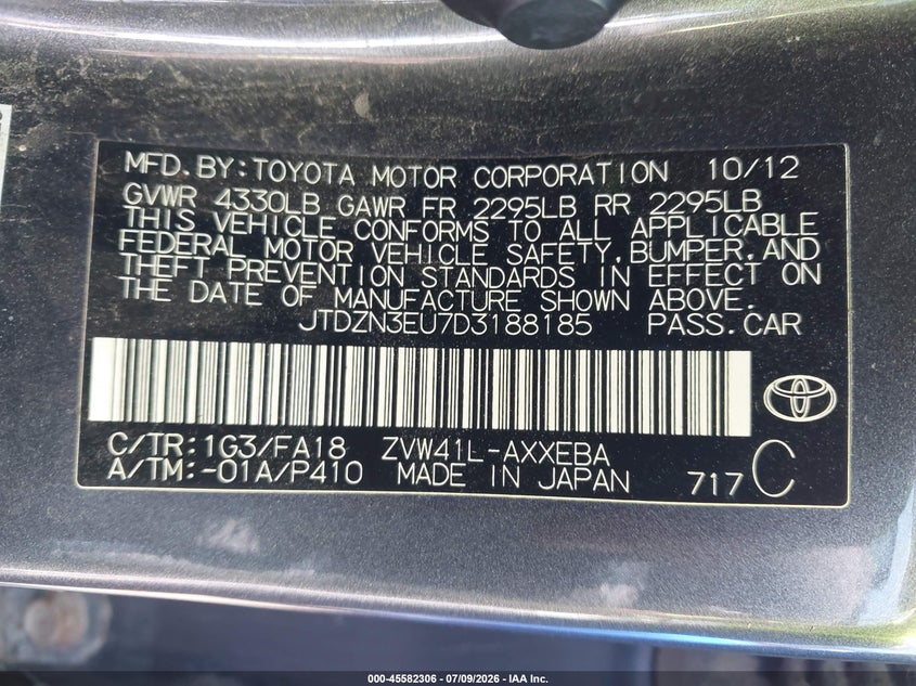 2013 Toyota Prius v VIN JTDZN3EU7D3188185 IAAI salvage auction — NORMAL WEAR, Clear (South Carolina), sold $1,575 on 2026-07-27 (photo 9)