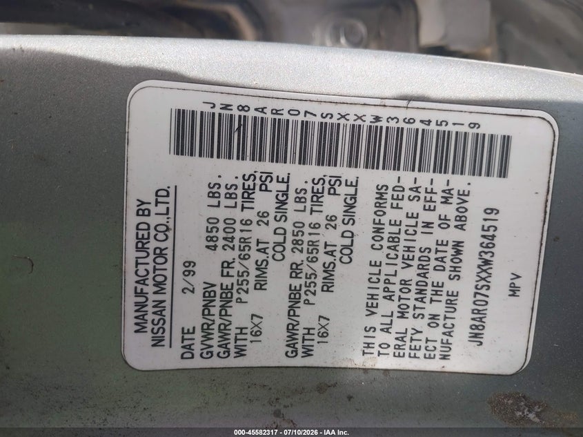 1999 Nissan Pathfinder VIN JN8AR07SXXW364519 IAAI salvage auction — NORMAL WEAR, Original (Texas), sold $25 on 2026-07-29 (photo 9)