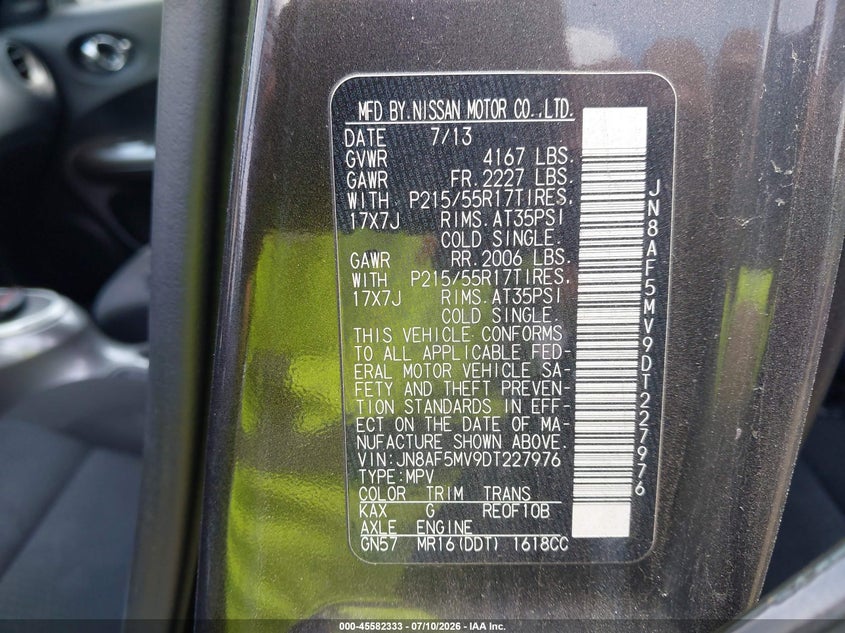 2013 Nissan Juke VIN JN8AF5MV9DT227976 IAAI salvage auction — REAR END, Clear (Massachusetts), sold $500 on 2026-07-23 (photo 9)
