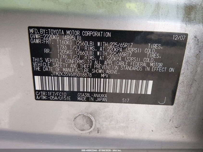 2008 Toyota Rav4 VIN JTMZK35V685018878 IAAI salvage auction — REAR END, Salvage (California), sold $650 on 2026-07-28 (photo 9)