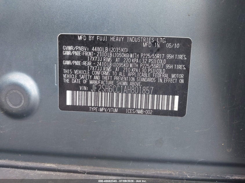 2010 Subaru Forester VIN JF2SH6CC1AH801857 IAAI salvage auction — RIGHT SIDE, Salvage (Ohio), sold $800 on 2026-07-30 (photo 9)