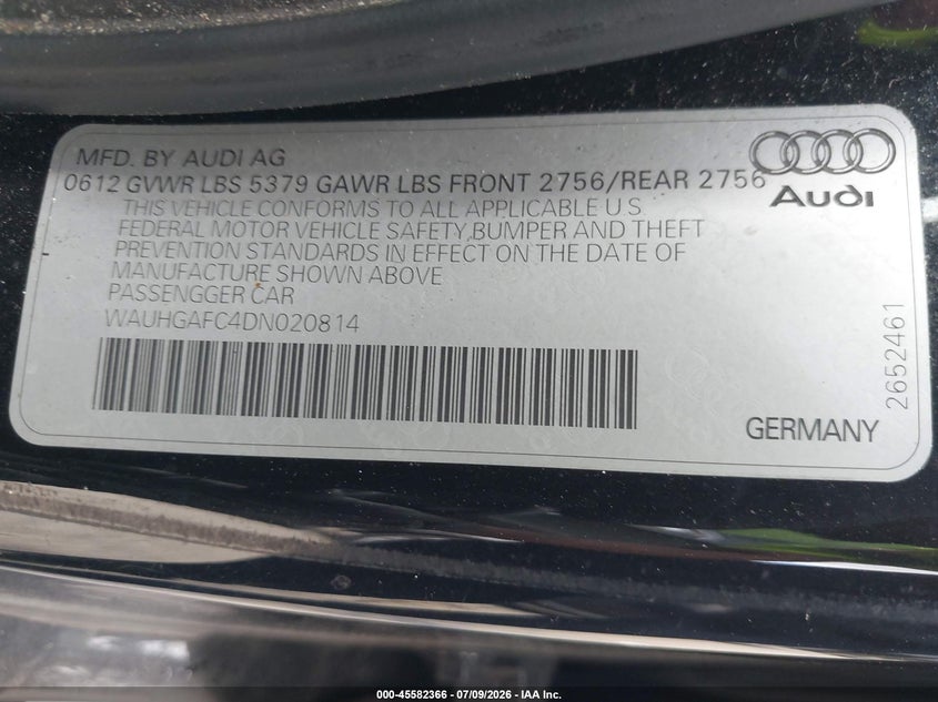 2013 Audi A6 VIN WAUHGAFC4DN020814 IAAI salvage auction — THEFT, Clear (Virginia), sold $2,050 on 2026-07-31 (photo 9)
