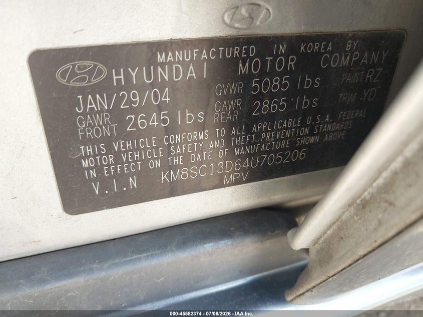 2004 Hyundai Santa fe VIN KM8SC13D64U705206 IAAI salvage auction — LEFT SIDE, Salvage (Pennsylvania), sold $425 on 2026-07-24 (photo 9)