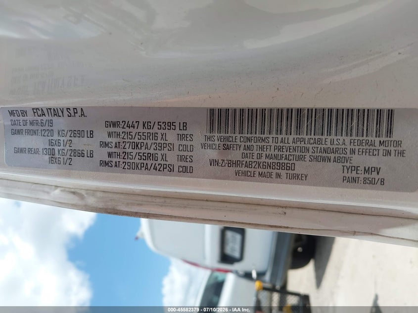2019 Ram Promaster city VIN ZFBHRFAB2K6N89860 IAAI salvage auction — FRONT END, Enterprise Vehicles Clear Only (Texas), sold $4,950 on 2026-07-20 (photo 9)