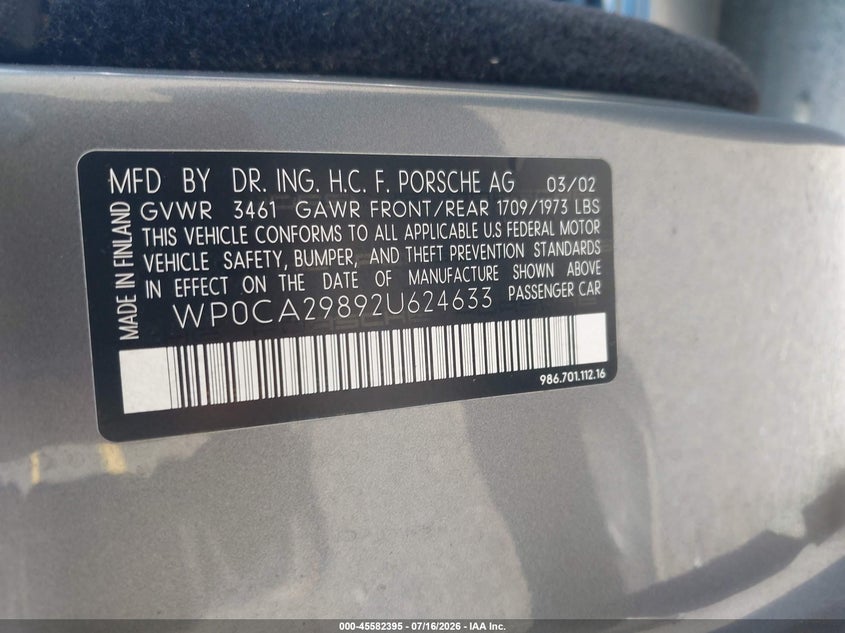 2002 Porsche Boxster VIN WP0CA29892U624633 IAAI salvage auction — REAR END, Salvage (Connecticut), sold $1,050 on 2026-07-23 (photo 9)