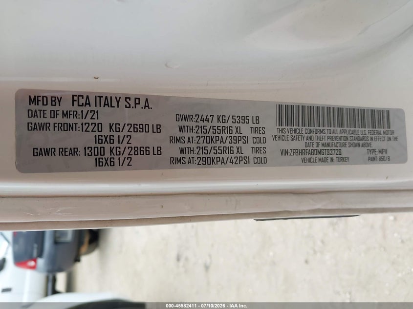 2021 Ram Promaster city VIN ZFBHRFAB0M6T93726 IAAI salvage auction — UNKNOWN, Enterprise Vehicles Clear Only (Texas), sold $4,100 on 2026-07-20 (photo 9)
