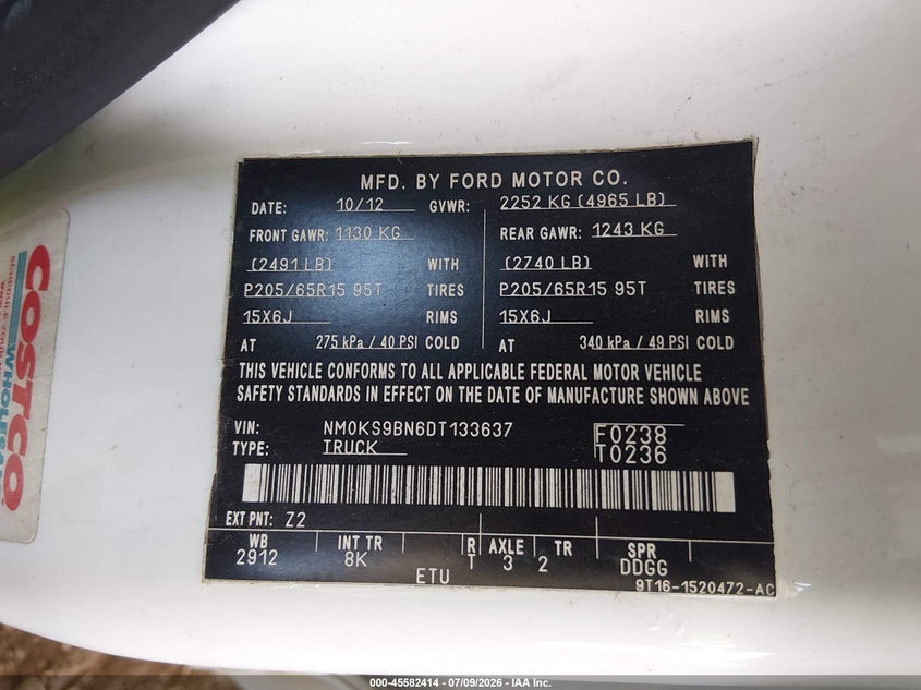 2013 Ford Transit VIN NM0KS9BN6DT133637 IAAI salvage auction — FRONT END, Salvage (Arizona), sold $1,450 on 2026-07-28 (photo 9)
