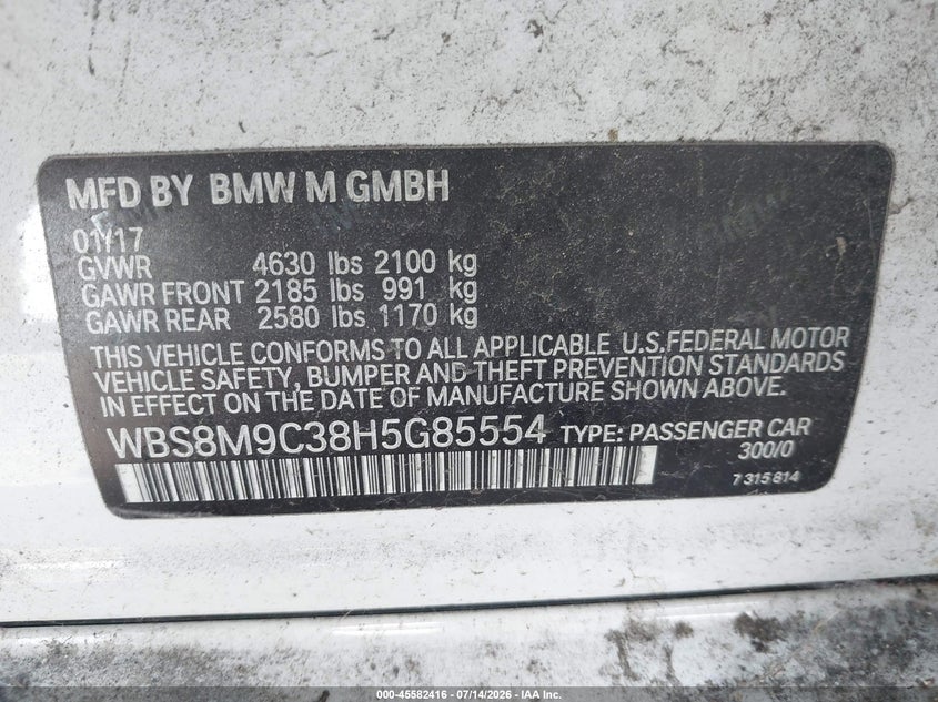 2017 BMW M3 VIN WBS8M9C38H5G85554 IAAI salvage auction — FRONT END, Salvage Certificate (California), sold $625 on 2026-07-22 (photo 9)