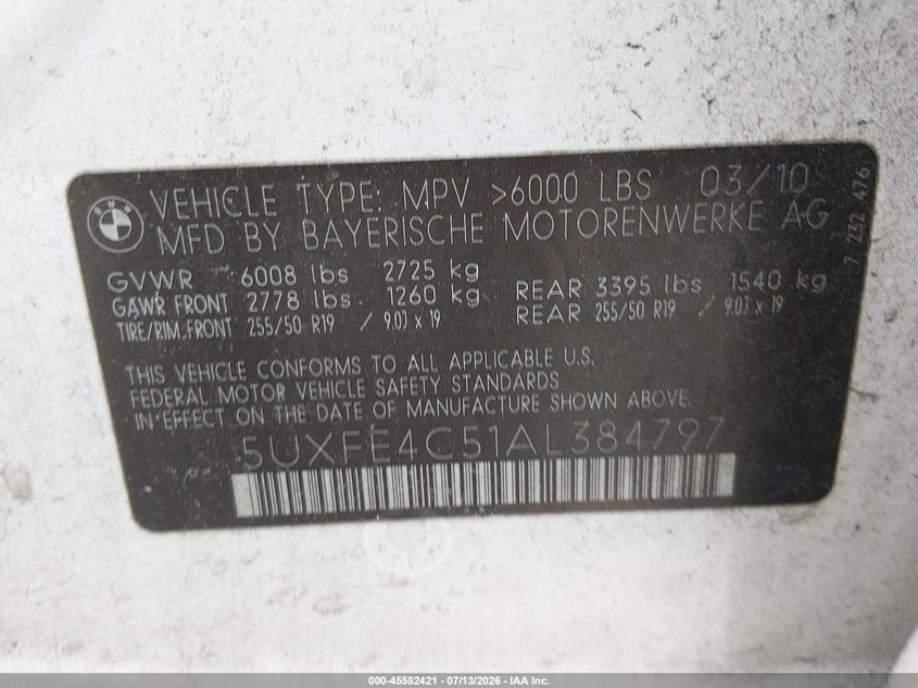 2010 BMW X5 VIN 5UXFE4C51AL384797 IAAI salvage auction — NORMAL WEAR, Clear (Georgia), sold $625 on 2026-07-23 (photo 9)