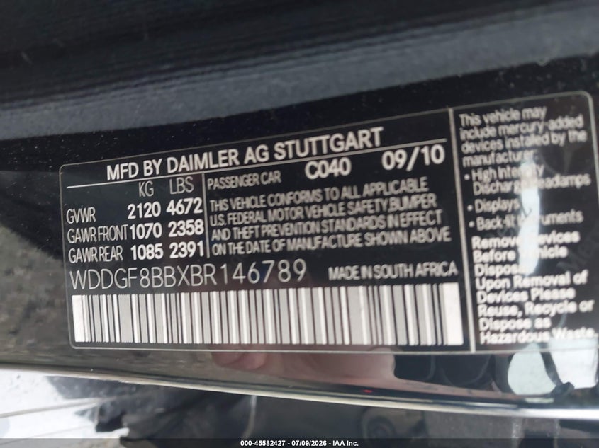 2011 Mercedes-benz C class VIN WDDGF8BBXBR146789 IAAI salvage auction — EXTERIOR BURN, Junk Bill Of Sale Mv2459 (Wisconsin), sold $200 on 2026-08-06 (photo 9)