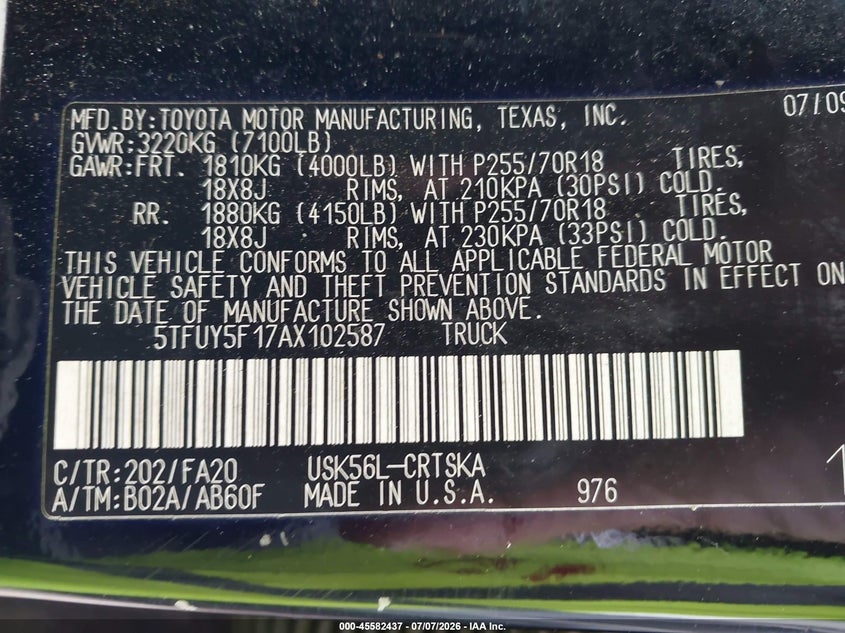 2010 Toyota Tundra VIN 5TFUY5F17AX102587 IAAI salvage auction — REAR END, Original (Maine), sold $4,400 on 2026-07-27 (photo 9)