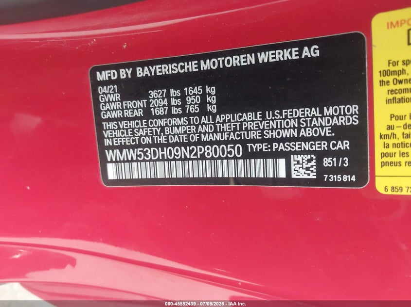 2022 Mini Hard top VIN WMW53DH09N2P80050 IAAI salvage auction — FRONT END, Wait Title, sold $2,150 on 2026-08-29 (photo 9)