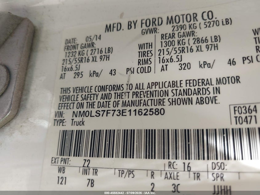 2014 Ford Transit VIN NM0LS7F73E1162580 IAAI salvage auction — RIGHT FRONT, Enterprise Vehicles Clear Only (Texas), sold $3,475 on 2026-07-20 (photo 9)