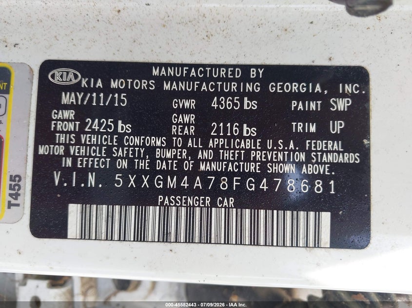 2015 Kia Optima VIN 5XXGM4A78FG478681 IAAI salvage auction — NORMAL WEAR, Clear (Tennessee), sold $1,150 on 2026-07-16 (photo 9)
