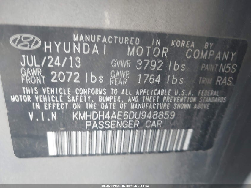 2013 Hyundai Elantra VIN KMHDH4AE6DU948859 IAAI salvage auction — NORMAL WEAR, Rebuilt/Restored (Utah), sold $350 on 2026-07-30 (photo 9)