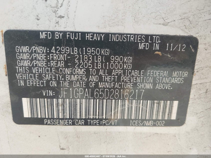 2013 Subaru Impreza VIN JF1GPAL65D2816217 IAAI salvage auction — NORMAL WEAR, Clear (Massachusetts), sold $425 on 2026-07-24 (photo 9)