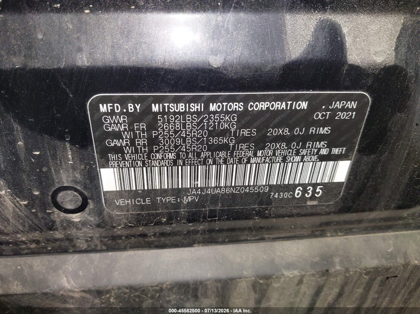 2022 Mitsubishi Outlander VIN JA4J4UA86NZ045509 IAAI salvage auction — FRONT END, Salvage (Pennsylvania), sold $5,800 on 2026-07-31 (photo 9)