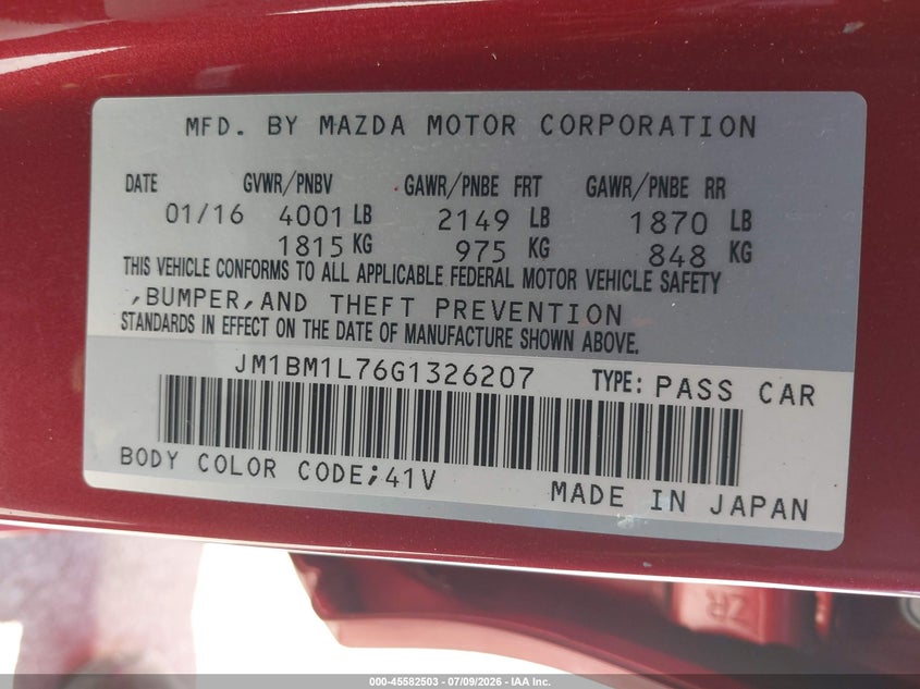 2016 Mazda 3 VIN JM1BM1L76G1326207 IAAI salvage auction — SIDE, Salvage Title, sold $2,050 on 2026-07-31 (photo 9)