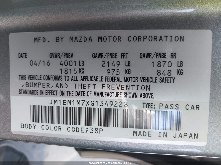 2016 Mazda 3 VIN JM1BM1M7XG1349228 IAAI salvage auction — RIGHT FRONT, Salvage Title, sold $25 on 2026-07-29 (photo 9)