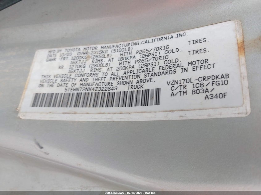 2004 Toyota Tacoma VIN 5TEWN72NX4Z322843 IAAI salvage auction — ROLLOVER, Salvage (Mississippi), sold $300 on 2026-07-31 (photo 9)