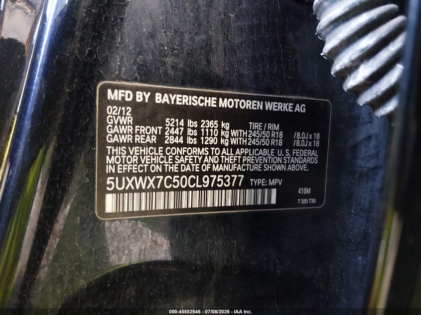 2012 BMW X3 VIN 5UXWX7C50CL975377 IAAI salvage auction — NORMAL WEAR, Clear (Utah), sold $225 on 2026-07-13 (photo 9)