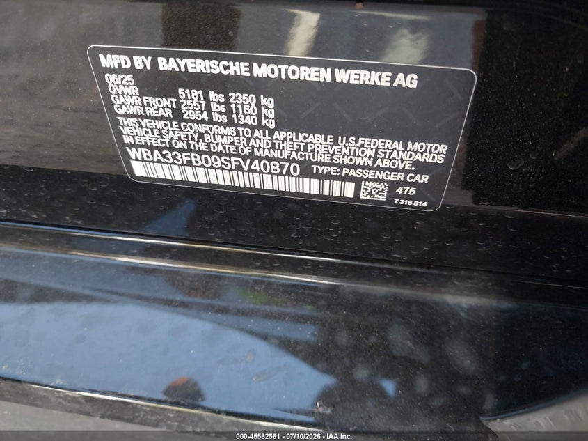 2025 BMW 4er VIN WBA33FB09SFV40870 IAAI salvage auction — WATER/FLOOD, Wait Title, sold $20,450 on 2026-08-27 (photo 9)