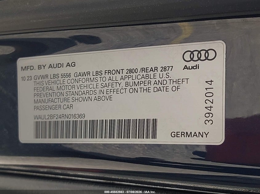2024 Audi A6 VIN WAUL2BF24RN016369 IAAI salvage auction — FRONT & REAR, Certificate Of Destruction (Florida), sold $7,850 on 2026-07-30 (photo 9)