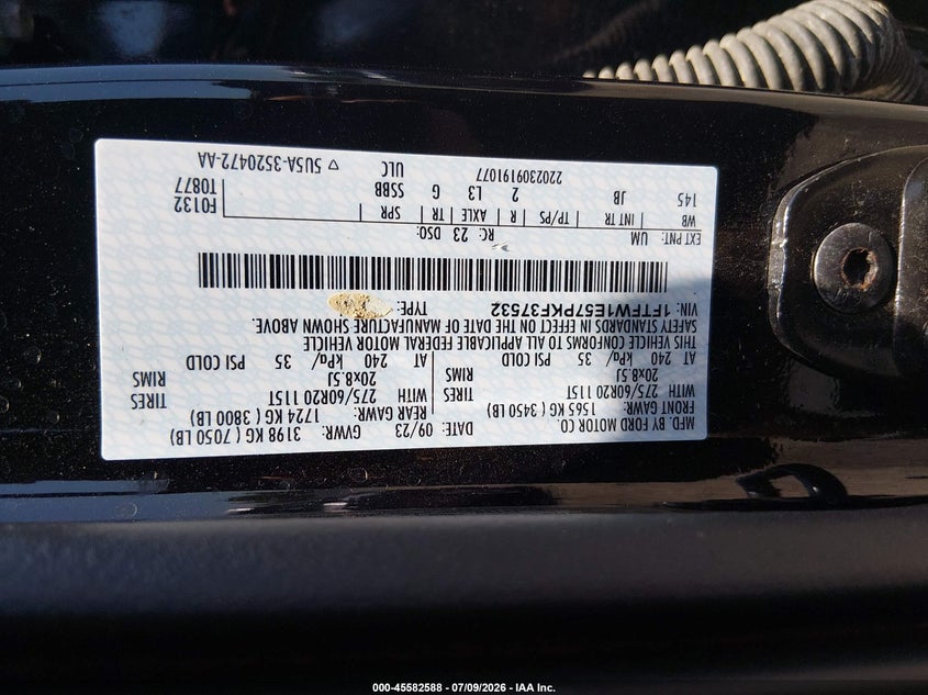 2023 Ford F-150 VIN 1FTFW1E57PKF37532 IAAI salvage auction — FRONT END, Clear (Arkansas), sold $16,400 on 2026-07-29 (photo 9)