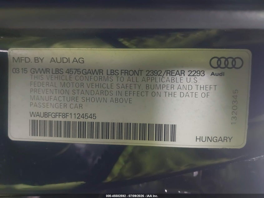 2015 Audi A3 VIN WAUBFGFF8F1124545 IAAI salvage auction — FRONT END, Salvage (Idaho), sold $25 on 2026-07-29 (photo 9)