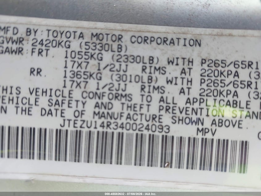 2004 Toyota 4runner VIN JTEZU14R340024093 IAAI salvage auction — NORMAL WEAR, Clear (North Carolina), sold $2,200 on 2026-07-30 (photo 9)